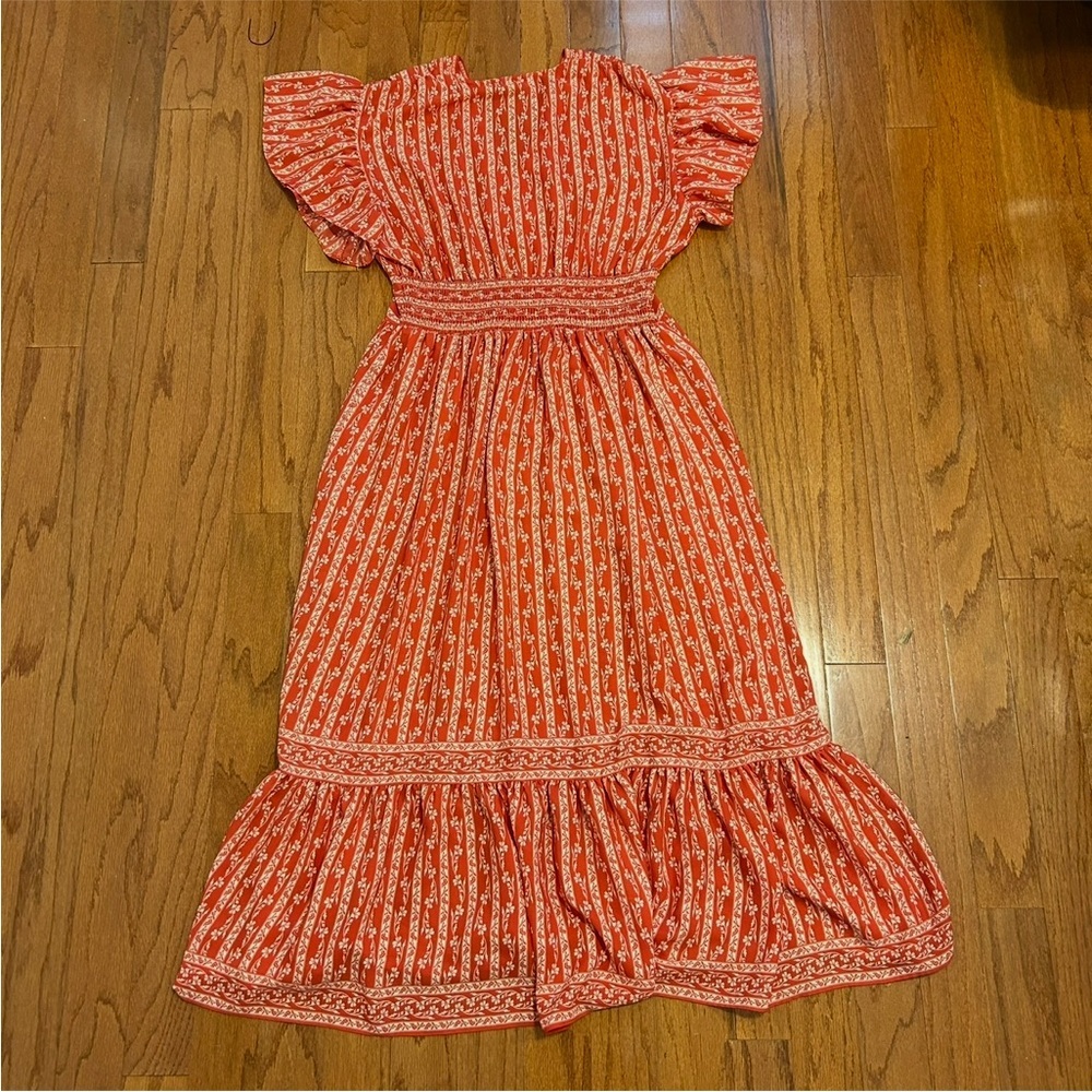 Max Studio Red Floral Puff Sleeve Tiered Midi Boho Summer Dress Size L - Picture 3 of 8